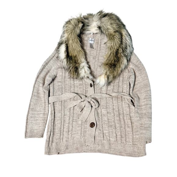 Chico’s Sweaters - Chico’s Angora-Blend Belted Neutral Knit Sweater Removable Faux Fur Collar Sz 3